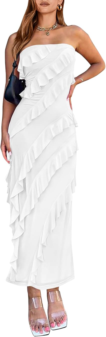 BTFBM Women Summer Elegant Strapless Midi Ruched Bodycon Dress Solid Color Stretch Mesh Slim Party Cocktail Dresses