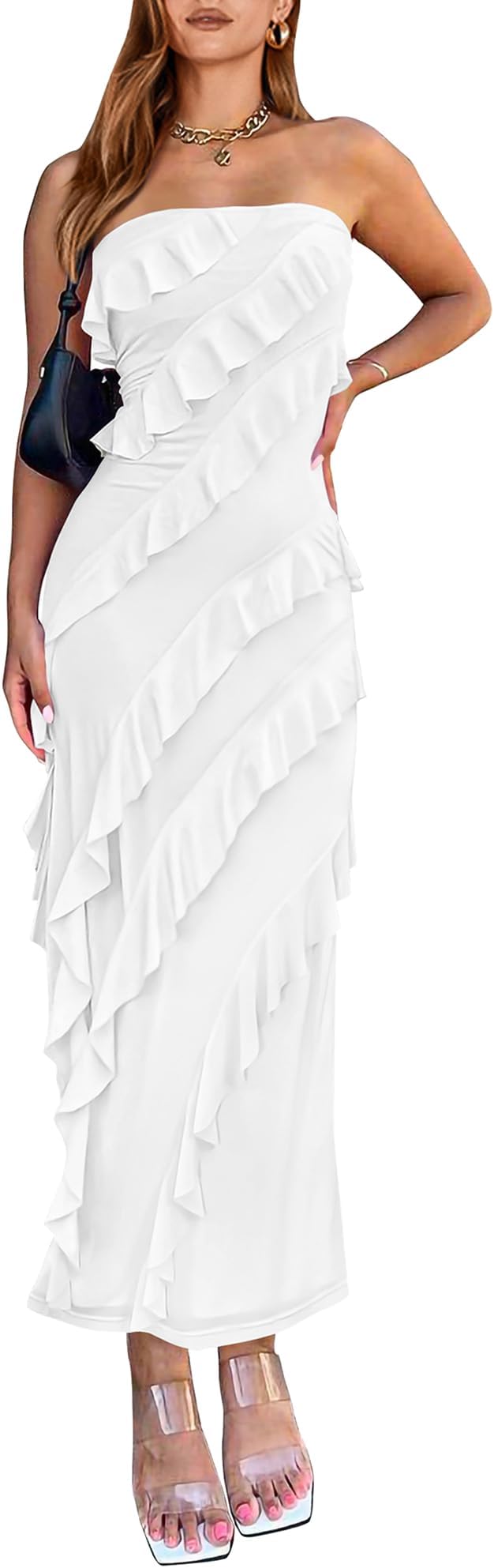 BTFBM Women Summer Elegant Strapless Midi Ruched Bodycon Dress Solid Color Stretch Mesh Slim Party Cocktail Dresses
