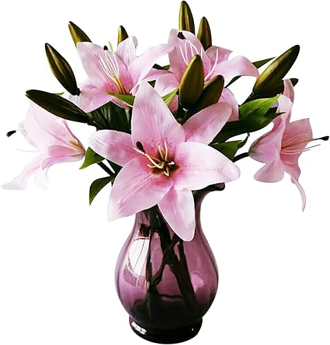 Lovskoo Plantas falsas para decoración del hogar flores artificiales de lirio centro de mesa relleno de jarrón de flores preservadas para dormitorio