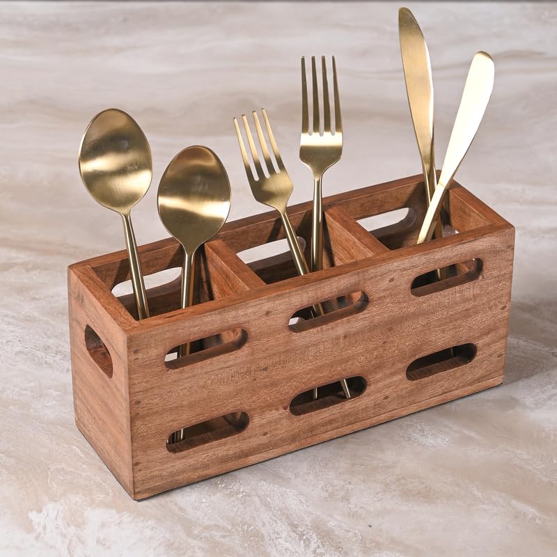 Image of Wooden Cutlery Holder for Kitchen - Cutlery and Tissue Holder for Dining Table | Spoon and Fork Organizer with Ventilated Design | Perfect for Gifting - Brown