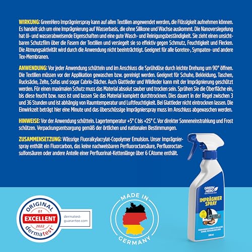 Green Hero Textil Imprägnierspray 500 ml | gegen Regen & Schmutz für Jacken, Schuhe, Sofa, Couch und Leder | effektive Nanoversieglung | Imprägnierung für Textilien mit Bester Waschbeständigkeit