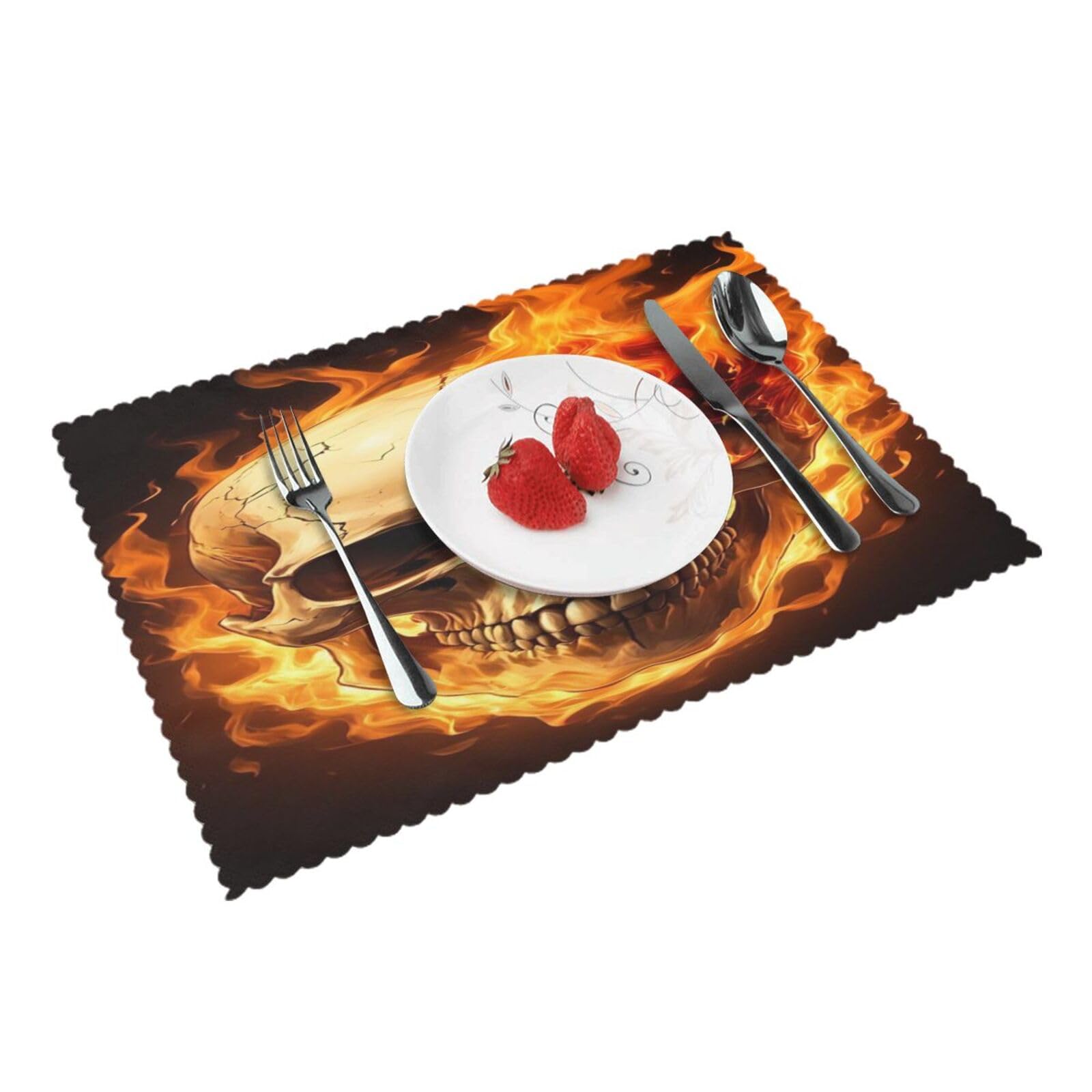 Flaming Skull Design Placemats Set of 4 Print Table Mats Place Mats Table Decor for Kitchen Dining 12X18 in