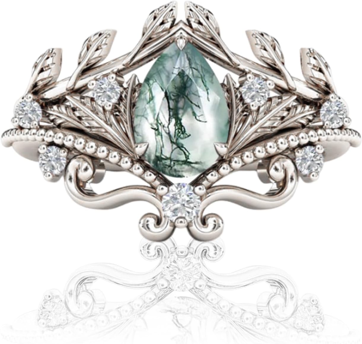 Natural Pear Moss Agate Engagement Ring Set for Women 925 Sterling Silver Genuine Pear Bridal Rings for Her with Engraving Green Moss Agate Wedding Ring Set-23