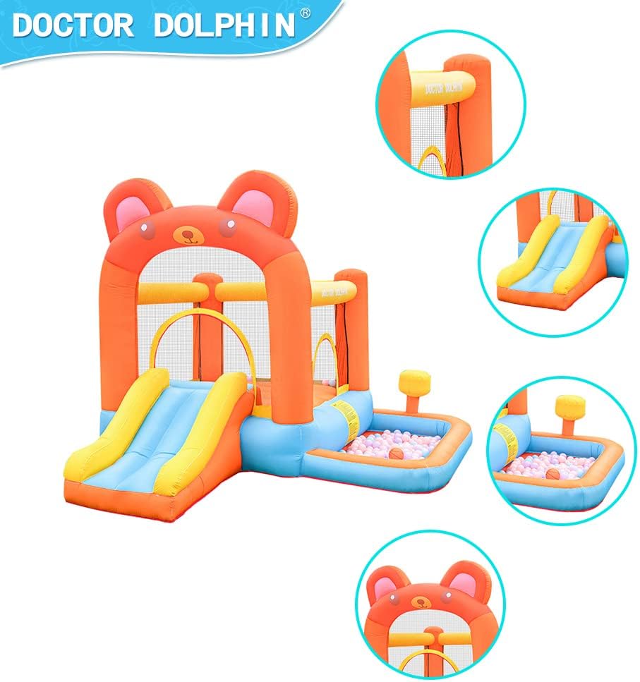 Doctor Dolphin Indoor & Outdoor Bounce House for Kids,Inflatable Playhouse with Mini Slide,Jumping Castle House with Punching Bag (Bear Theme)