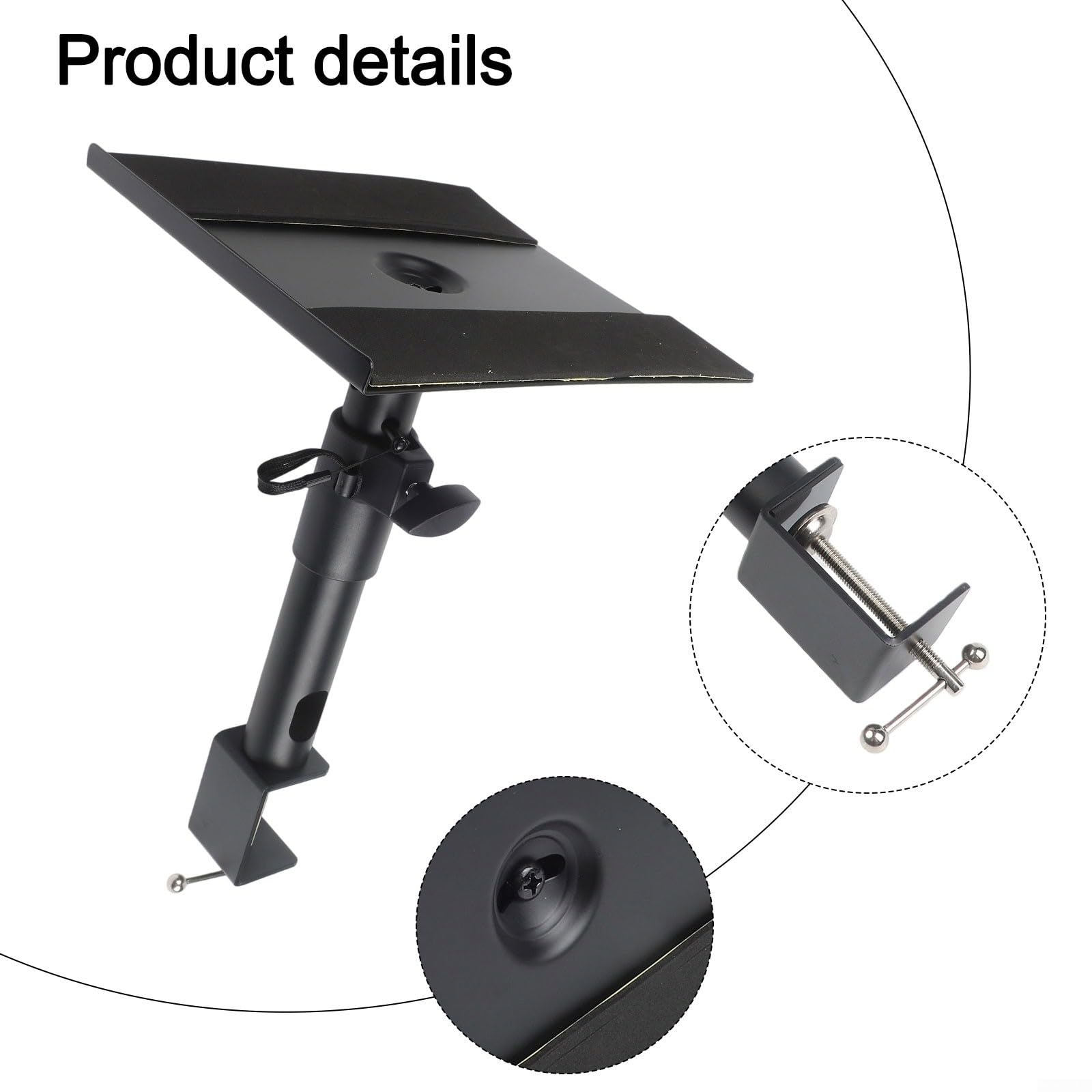 Supporto per altoparlante da scrivania con morsetto, regolazione dell'altezza e snodo girevole, include supporto per cuffie, design robusto, nero (singolarmente)