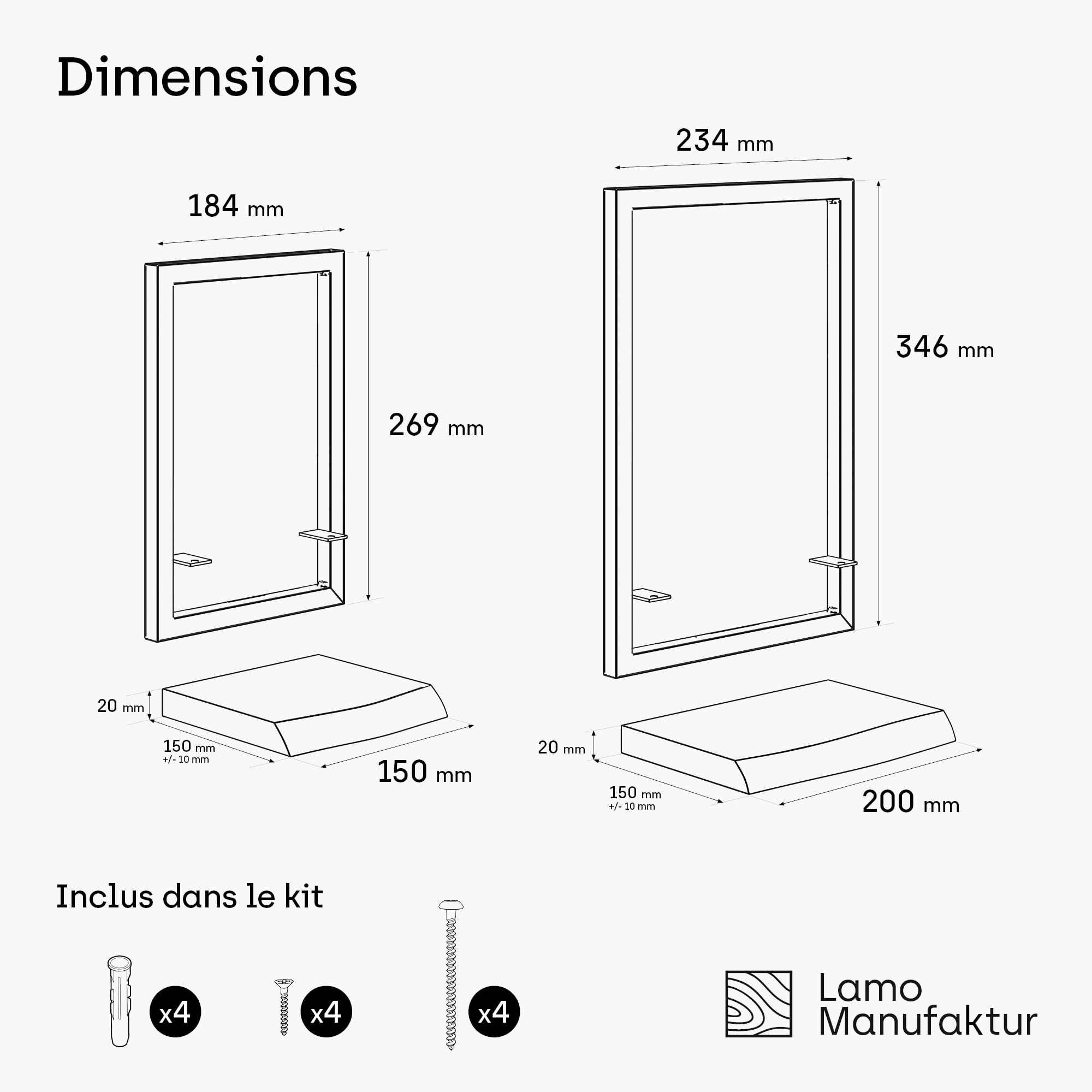 LAMO Manufaktur Étagères murales Set 2pcs 15/20cm | Petite étagère en Bois pour Chambre, étagère Murale Cuisine | Couleur: Marron Noisette, Cadre: Anthracite