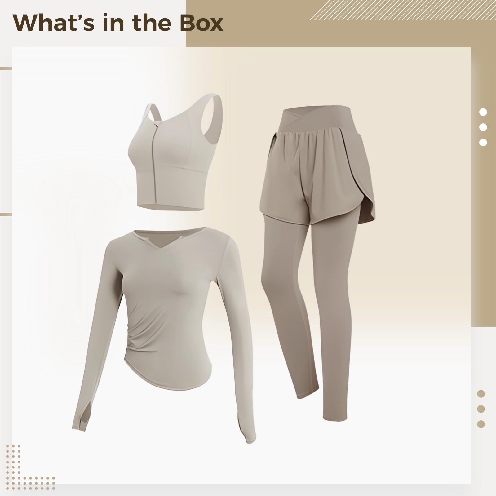 Conjunto de entrenamiento de 3 piezas para mujer, traje de yoga con telas transpirables y tecnología antibolitas, XXL para 135-150, ropa deportiva cómoda y versátil, Kahki., Talla única