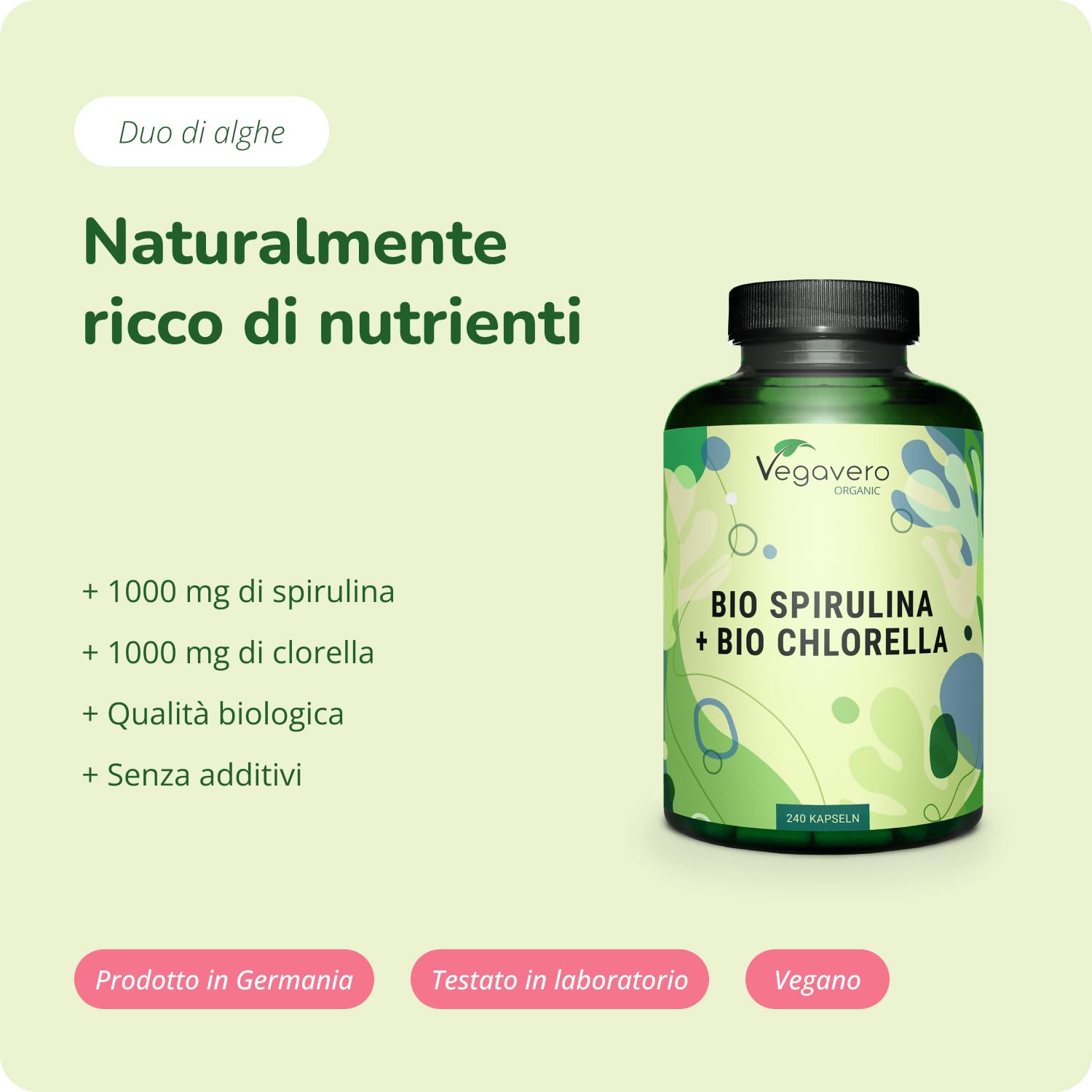 SPIRULINA & CLORELLA BIO | 2000 mg dose giornaliera | Detox, Difese Immunitarie e Antiossidante | 240 Capsule | Senza Additivi | Vegan | Vegavero®