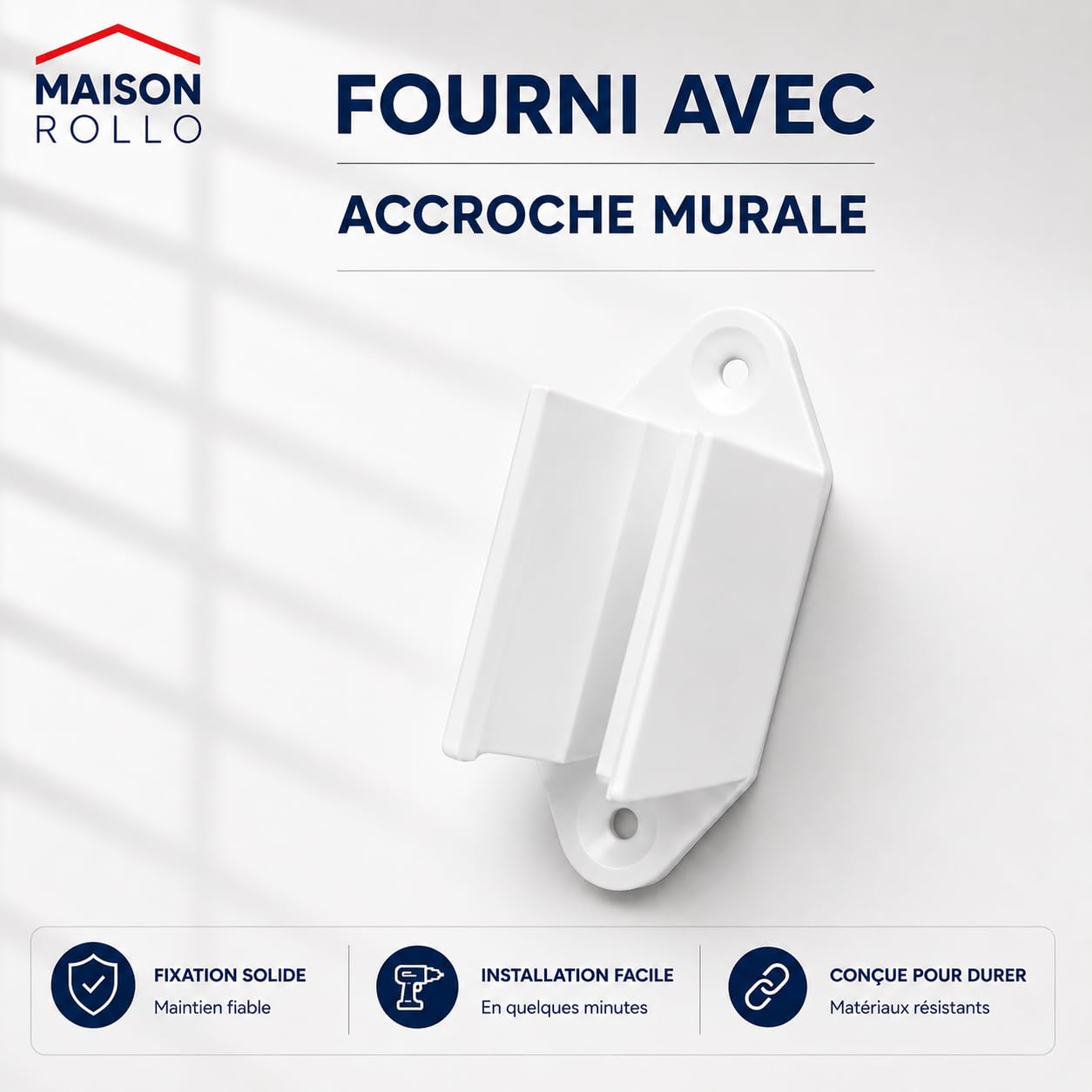 Manivela de persiana enrollable 100 cm – Manivela completa de acero lacado blanco Ø12 mm con mango ergonómico y soporte de pared – Maison Rollo