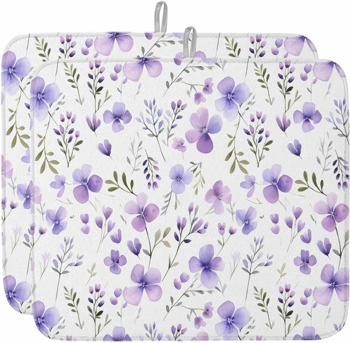 Dish Drying Mat for Kitchen, Watercolor Purple Flower Spring Plants Absorbent Dish Drying Pad, Kitchen Counter Mat for Dishes Utensils Camping, 16"x18"(2 Pcs)