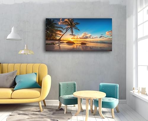 Miniatura 3 de Aibonnly Lienzo decorativo para pared, diseño de atardecer en una playa tropical con palmeras, 1 pieza, cielo azul, océano, vista al mar, póster