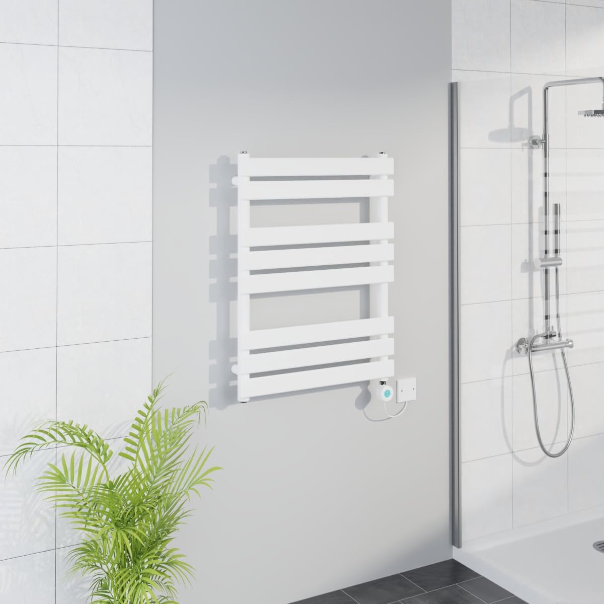 Warmehaus White Smart Wifi Thermostatic Electric Bathroom Flat Panel Heated Towel Rail Warmer Radiator With Timer 800X600mm