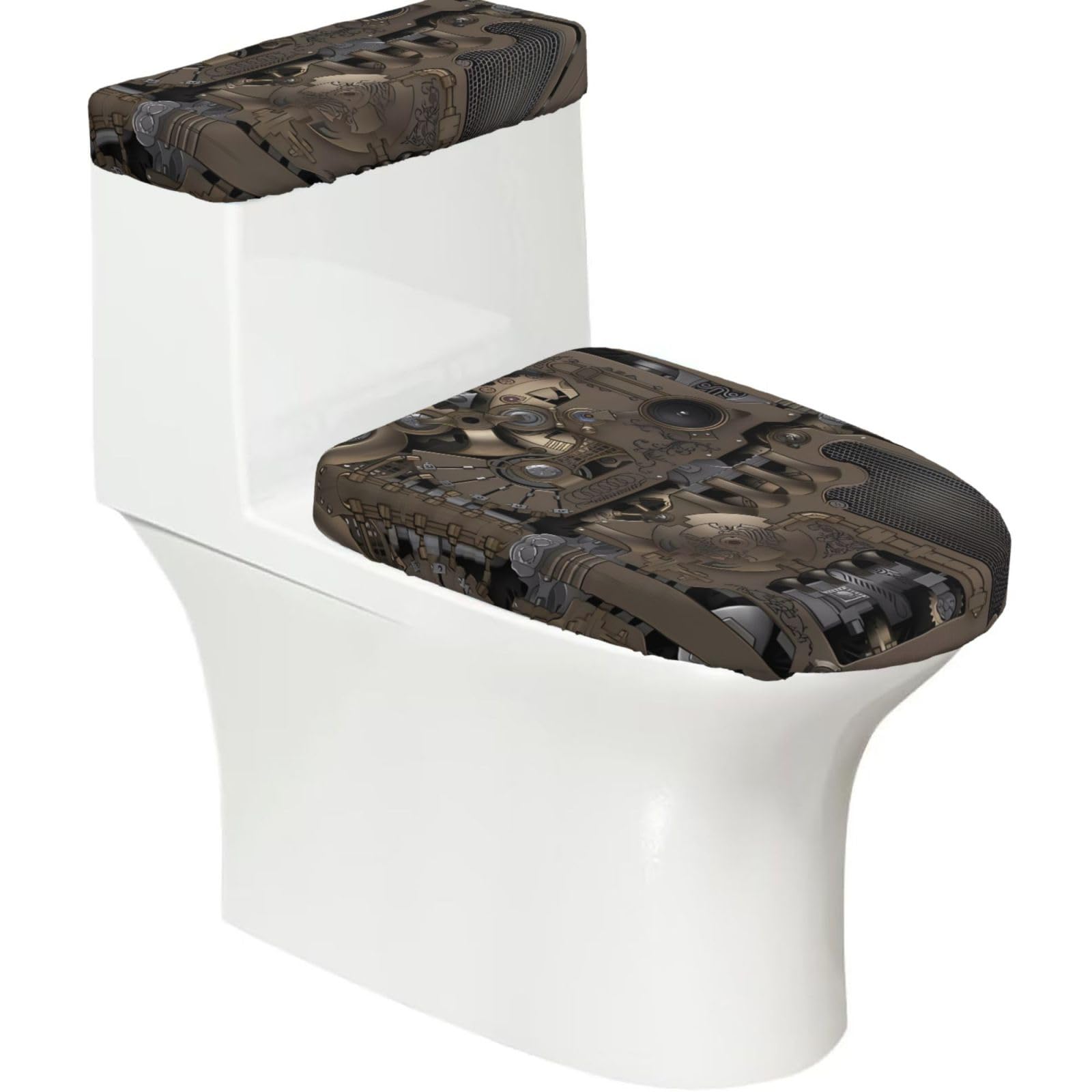 Mrowyc Black Steampunk Mechanical Gears 2-Piece Toilet Seat & Tank Lid Cover Set - Elastic Stretch Design - Universal Fit For U-Shape-O-Shape-Elongated Toilets - Functional Bathroom Decor & Housewarming Gift