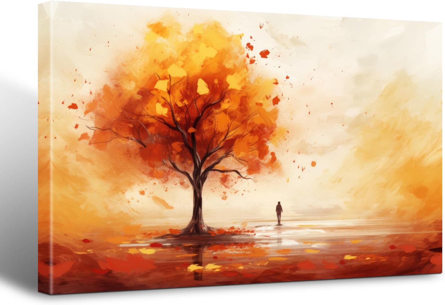 HSFFBHFBH Serene Autumn Landscape Canvas Wall Art - Impressionistic Fall Tree Painting with Figure & Water Reflection - Peaceful Nature Home Decor Print for Living Room, Bedroom, Office 12x16inch Ready to Hang 12x16inch