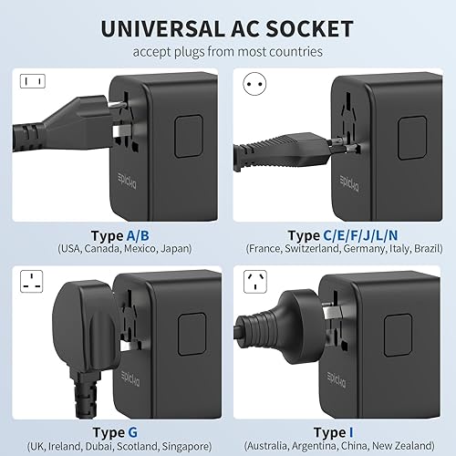 Miniatura 5 de EPICKA Adaptador de viaje universal, adaptador de enchufe internacional GaN con 3 USB-C 70 W PD carga rápida y 2 adaptadores USB-A cargador de pared