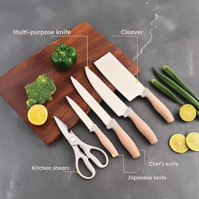 Image of Luxury 6 in 1 Wooden Coating Knife Set Light Wood Grain Handle Anti-Rust Non-Stick Stainless Steel Sharp Edge with 4 Knifes, 1 Stand, 1 Scissor for Hotel, Travel, Meat, Fruits (Black)