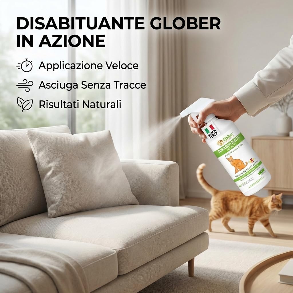 GLOBER Disabituante per Gatti Anti Urina - Spray 750ml - Made in Italy, 100% Base Vegetale per Interni ed Esterni - Addestrativo Urine Stop Gatto - Dissuasore Gatti e Elimina i Cattivi Odori
