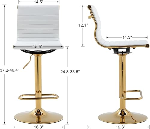 Miniatura 3 de Taburete de bar blanco de piel sintética ajustable en altura de mostrador con respaldo para isla de cocina, barra de desayuno (blanco con base