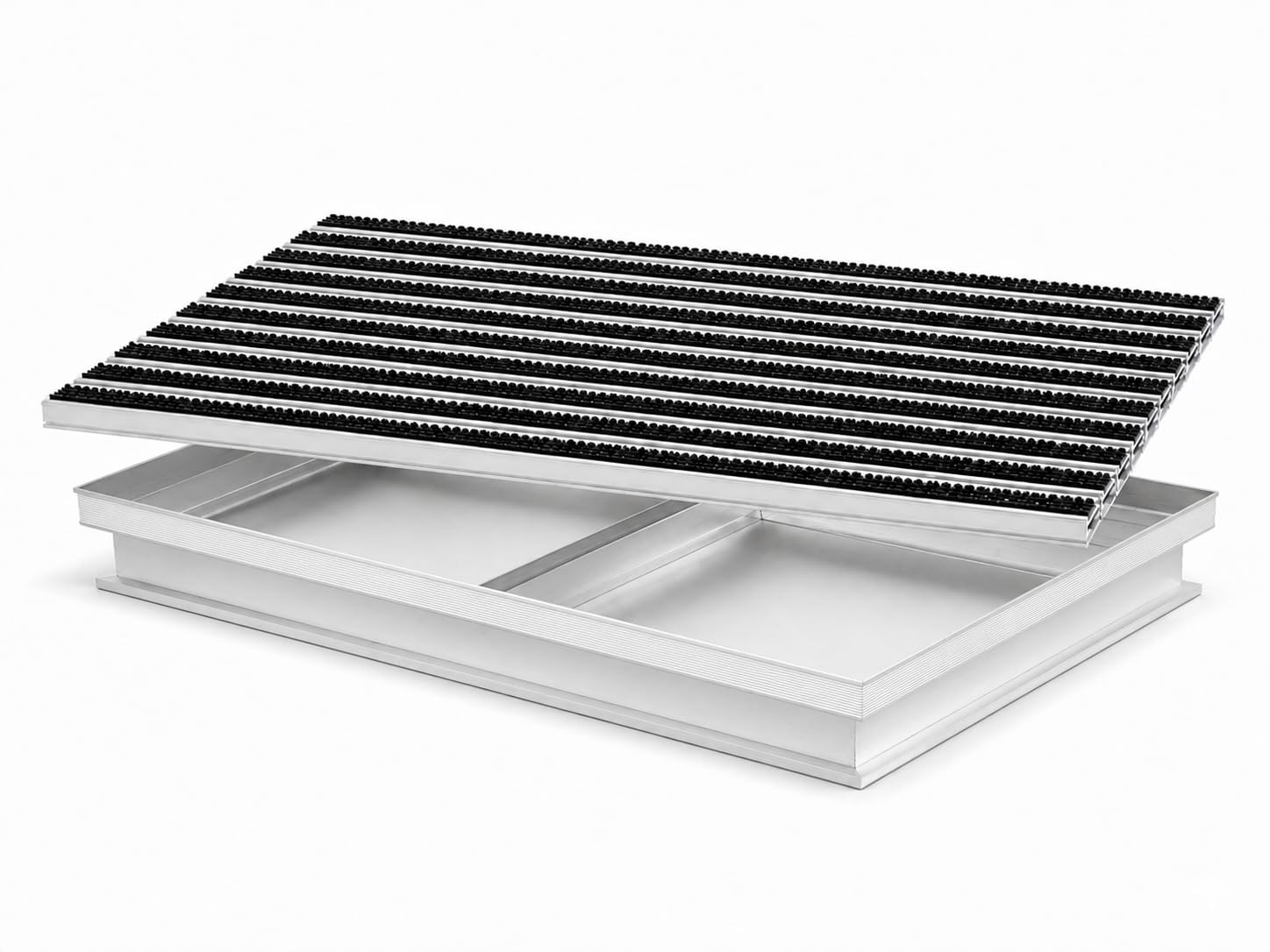 Aluminium-Fußmatte mit Ablaufwanne – 60x40 cm, 22 mm Profilhöhe & 80 mm Gesamteinbautiefe, Korrosionsbeständiger mit schwarzen Bürsteneinsätzen