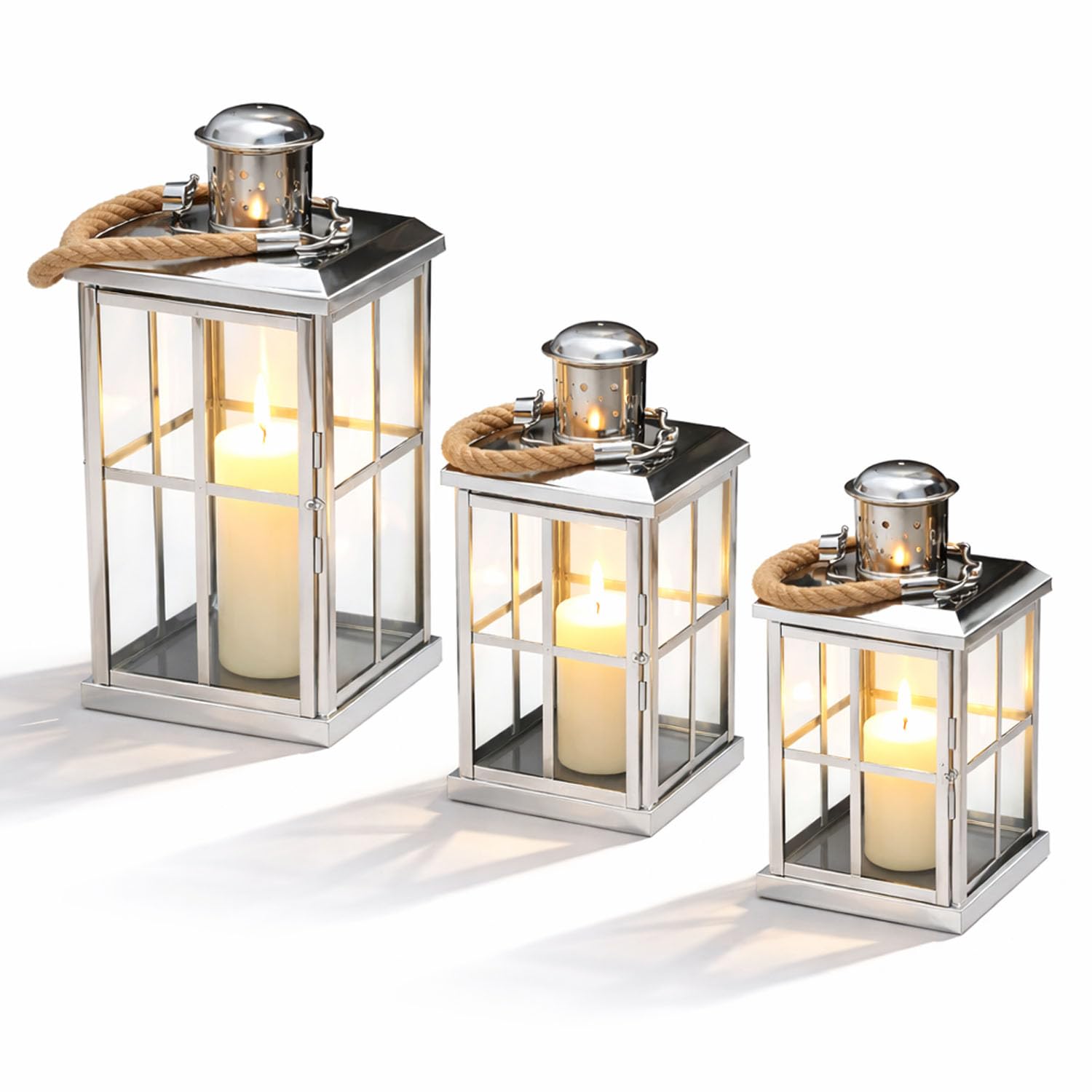 Mojawo 3er Set XL Gartenlaterne Edelstahl Glas Windlicht Kerzenhalter Laternen mit Seilgriff H27/39/52m