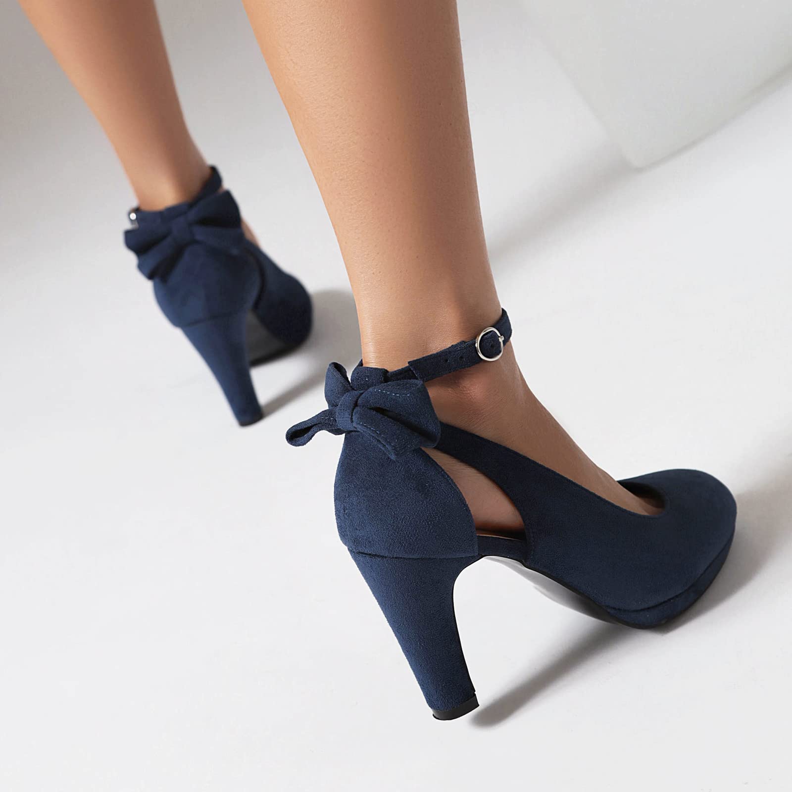 elerhythm Donne Mary Jane Tacchi con Arco Retro Chiuso Punta Rotonda Scamosciata Cinturino alla Caviglia Pumps Gatsby Vintage Scarpe (Blue EU37)