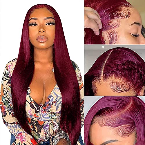 AHUFALU Straight Lace Front Wigs Human Hair Bleached Knots 13x4 Human Hair Wigs Pre Plucked With Baby Hair 150% Density (20 inch, 99J Burgundy)