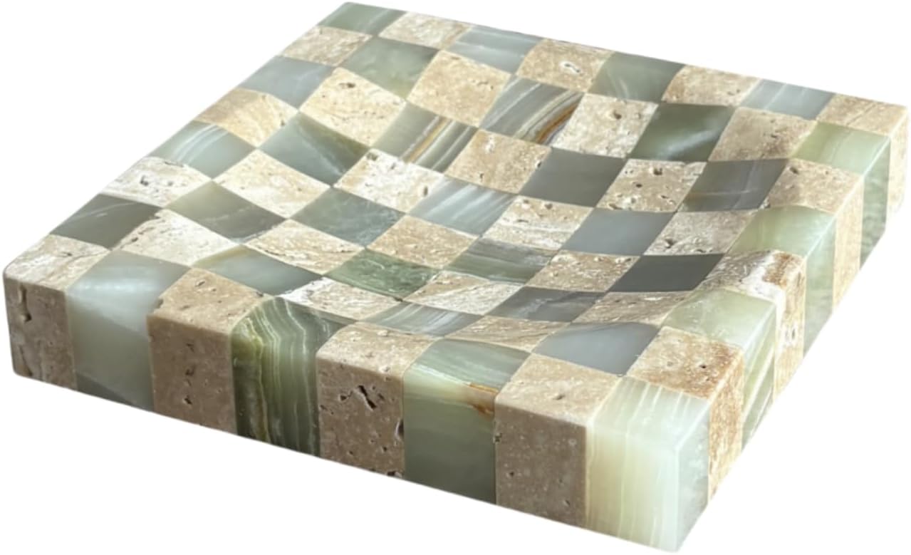 Marble Stone Green Onyx with Travertine Checkerboard Square Small Splicing Mosaic Tray Jewelry Dish (Green and Beige)