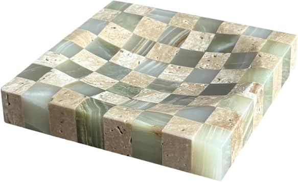 Marble Stone Green Onyx with Travertine Checkerboard Square Small Splicing Mosaic Tray Jewelry Dish Green and Beige