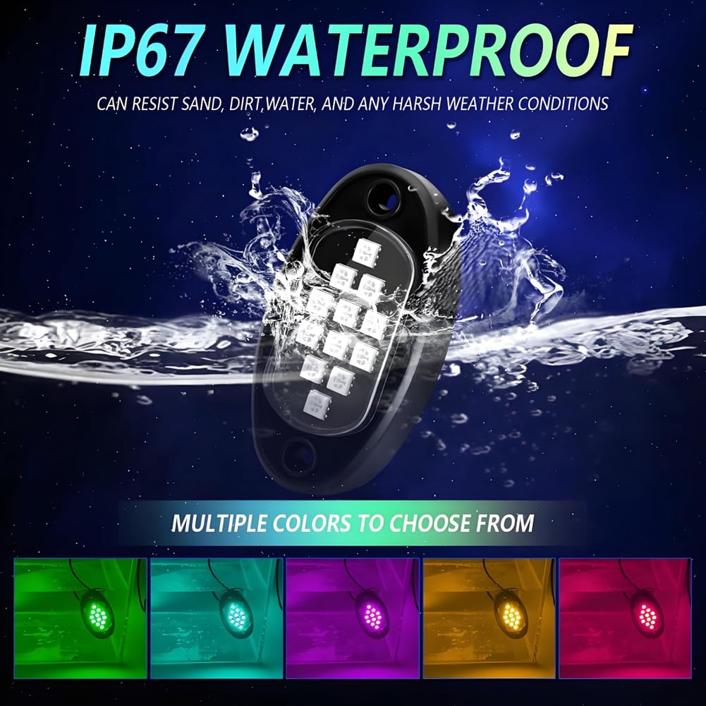 RGB LED Rock Lights, wielofunkcyjne neonowe podświetlenie wodoodporne światło ze sterowaniem aplikacją, wielokolorowe światła do ATV, UTV, SUV, A