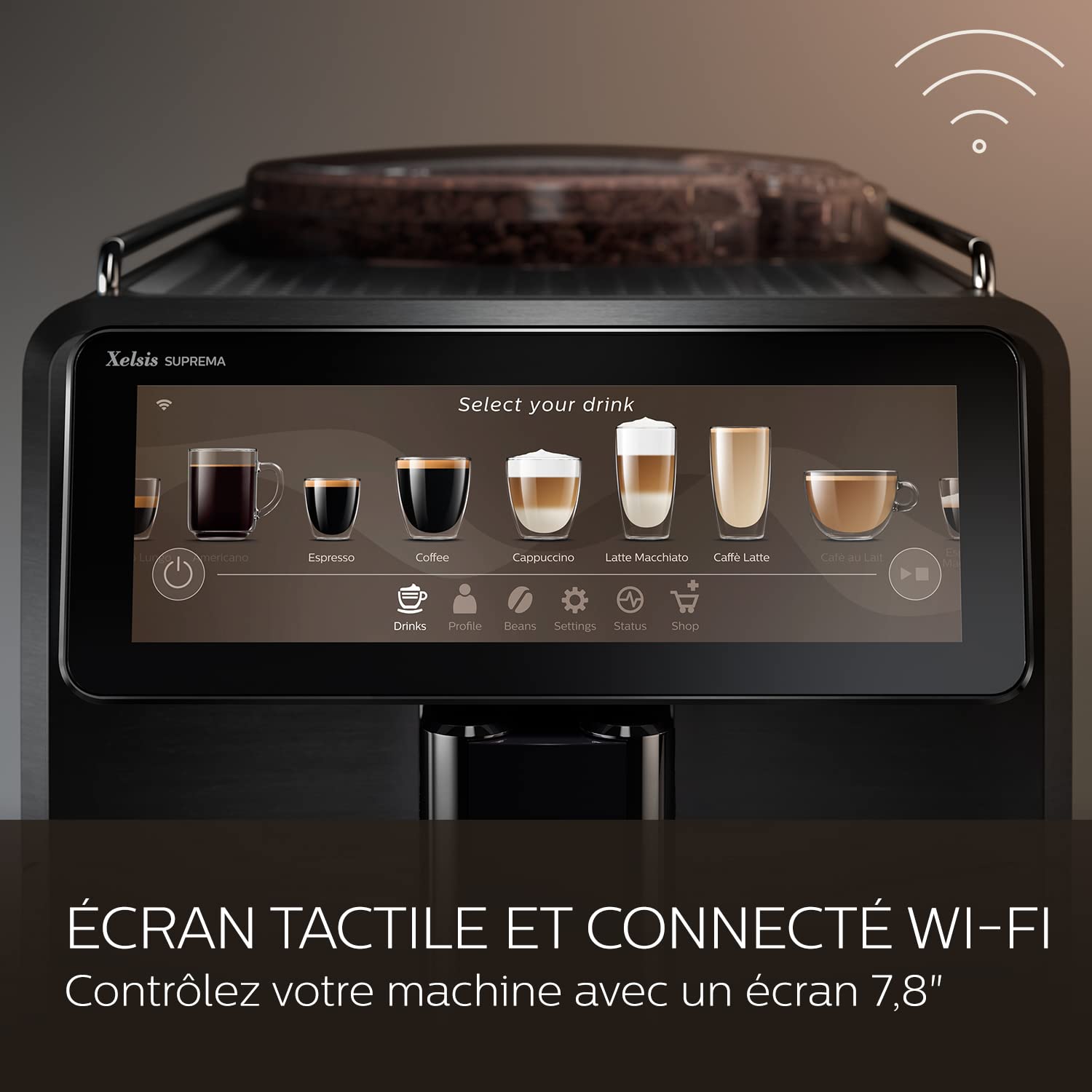 Saeco Expresso broyeur Xelsis Suprema - 22 Boissons, Connexion Wi-Fi, Écran Tactile Intuitif de 7.8", 8 Profils, Broyeur en Céramique, Machine à café à grain façade en inox titanium (SM8889/00)