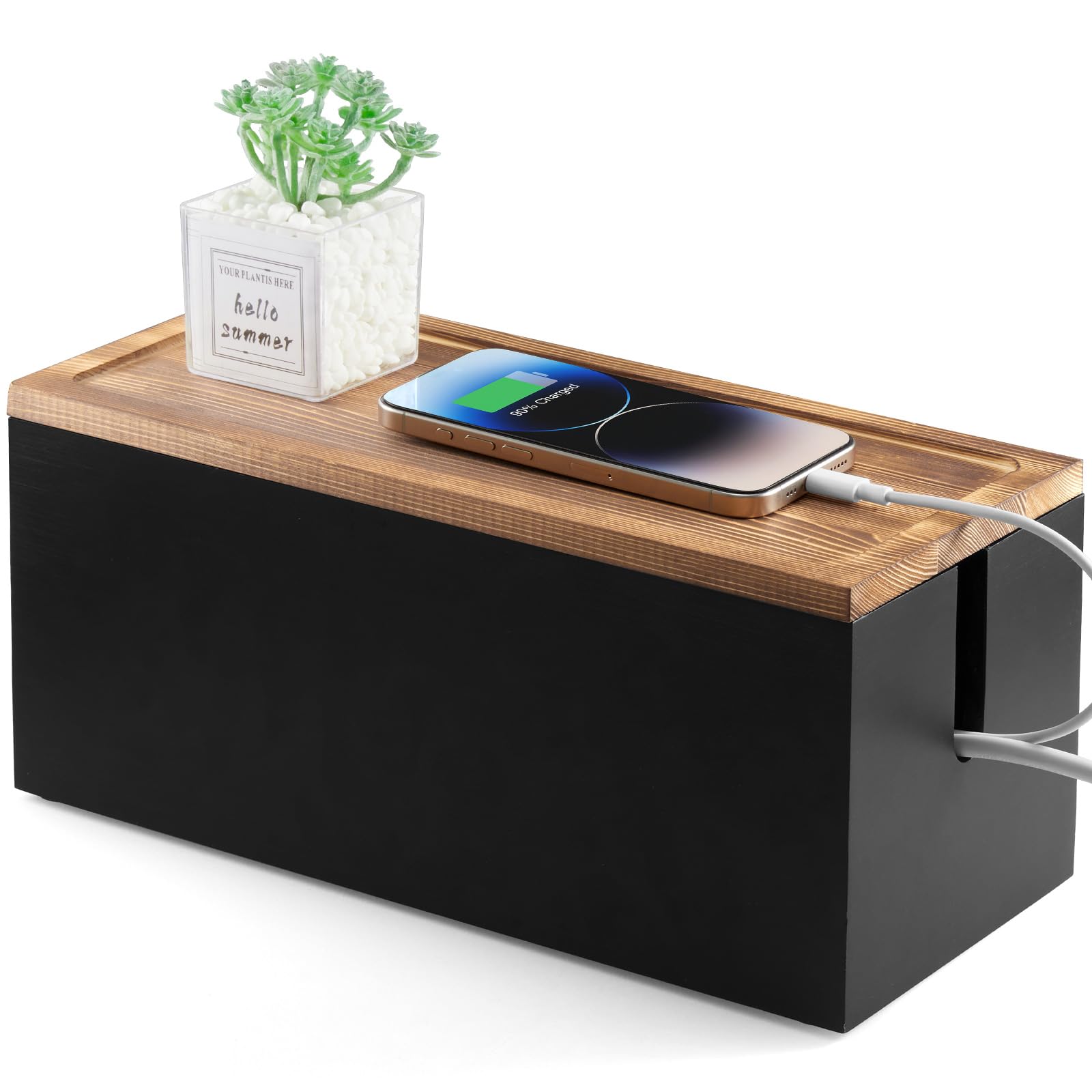 Wood Cable Management Box - Cable Organizer Box - 2 Open Slots Cords Hider Box - Under Desk Cord Organizer for Power Strip Extension Cord Surge