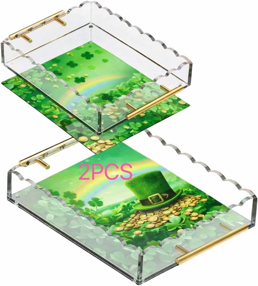 2Pcs Scalloped Acrylic Tray 10"x12" and 8"x10" Magnetic Bottom with Handles for Customizable Photos, Gifts, Coffee Bar, Bedroom and Kitchen Décor Organizer