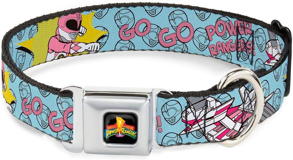 Buckle-Down Seatbelt Buckle Dog Collar - Pink Ranger Punch Pose GO GO POWER RANGERS! Baby Blue/Pink - 1.5" Wide - Fits 13-18" Neck - Small
