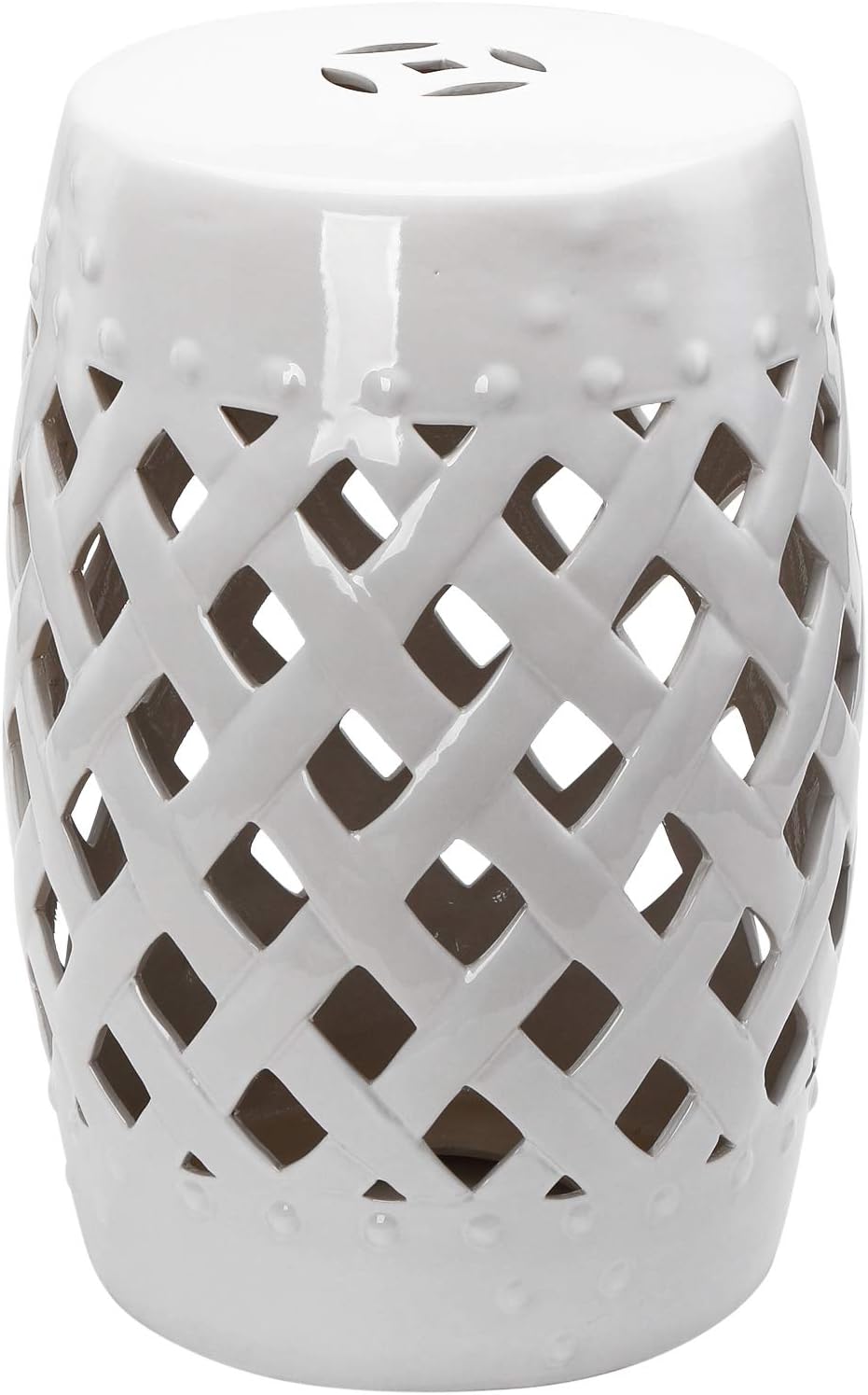 13" x 18" Ceramic Garden Stool, Lattice Design, Decorative Footrest, Outdoor & Indoor Use, Weather Resistant, White