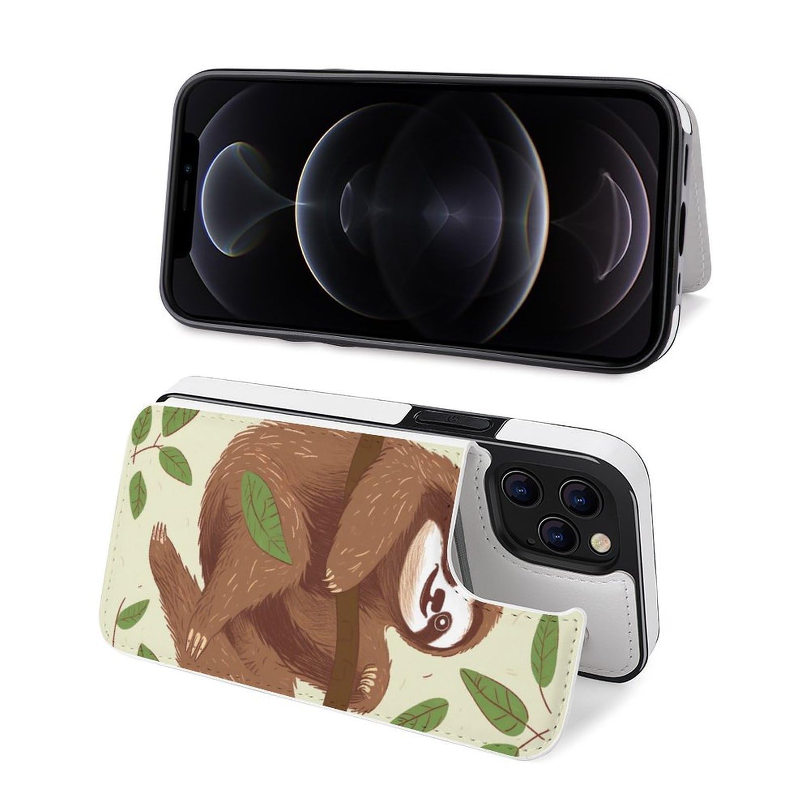 Fundas tipo cartera para iPhone 12 Pro, con estampado de perezoso marrón, funda de piel con ranuras para tarjetas