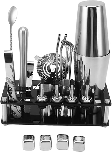 Kit de camarero, juego de coctelera de 23 piezas con soporte, juego de herramientas de barra de acero inoxidable, incluye coctelera de martini,