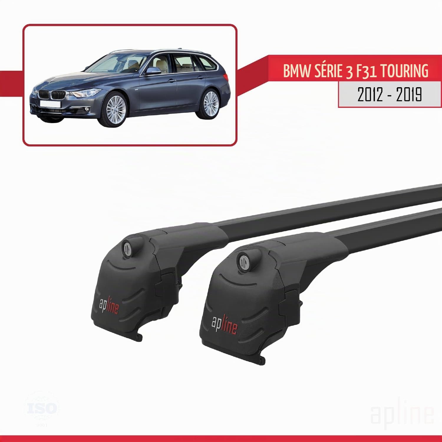 Compatible avec BMW série 3 (F31) Touring 2012-2019 ACE-2 Modèle Barres de Toit Railing Porte-Bagages de Voiture Aluminium Noir 2 Barres