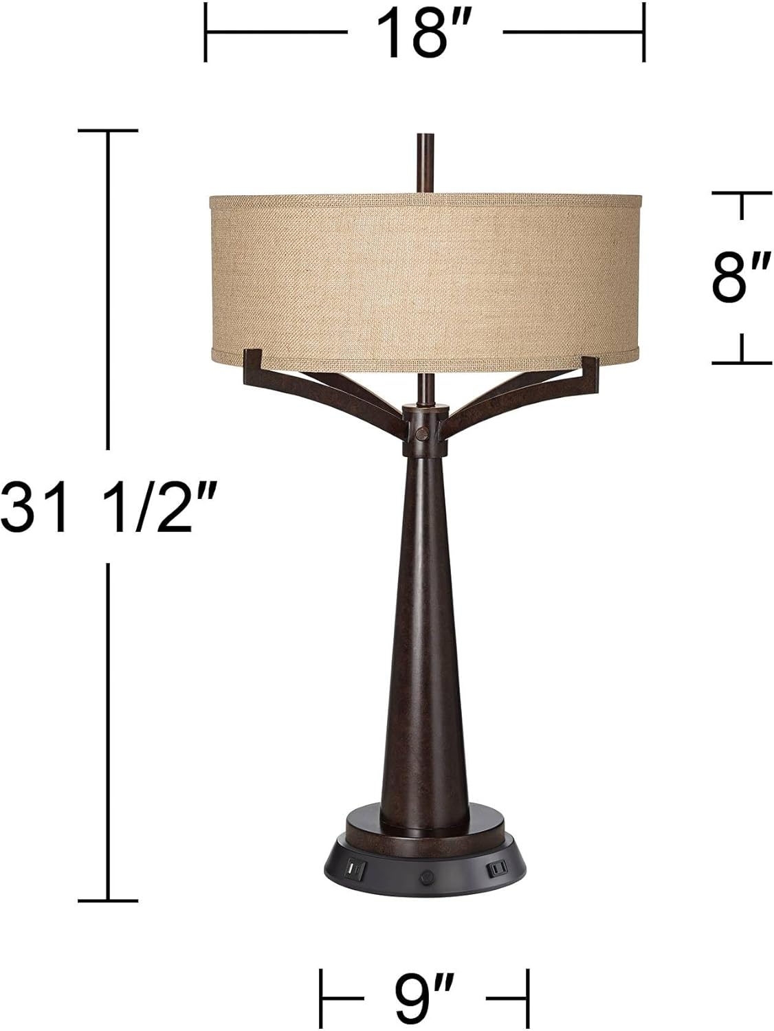 Franklin Iron Works Tremont Rustic Farmhouse Table Lamp 31 1/2" Tall with USB and AC Power Outlets in Base Bronze Iron Dimmable Burlap Drum Shade for Bedroom Living Room House Bedside Nightstand