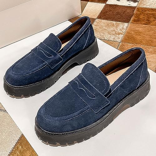 Image of Women's Leather Lug Sole Penny Loafers Classic Round Toe Comfort Slip On Uniform Dress Shoes Casual Fashion Chunky Heel Work Shoes (Blue,7)