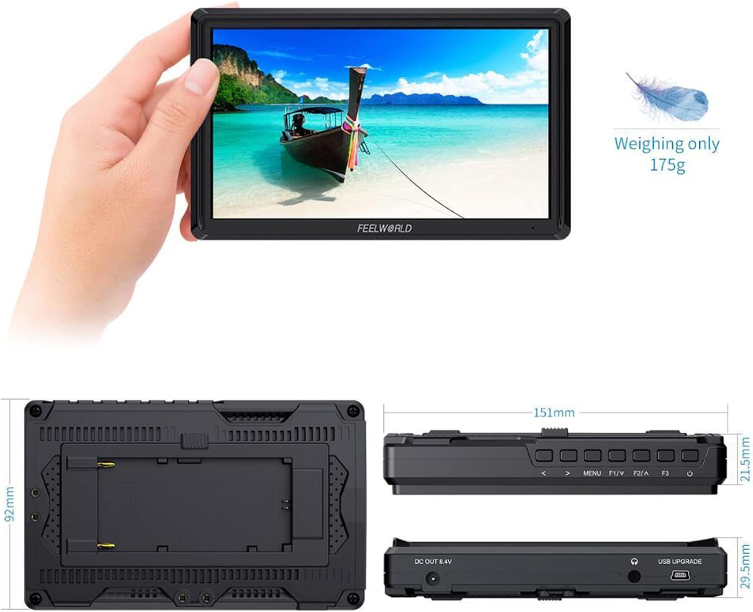 FEELWORLD FW568 V3 monitor held in hand with dimensions diagram