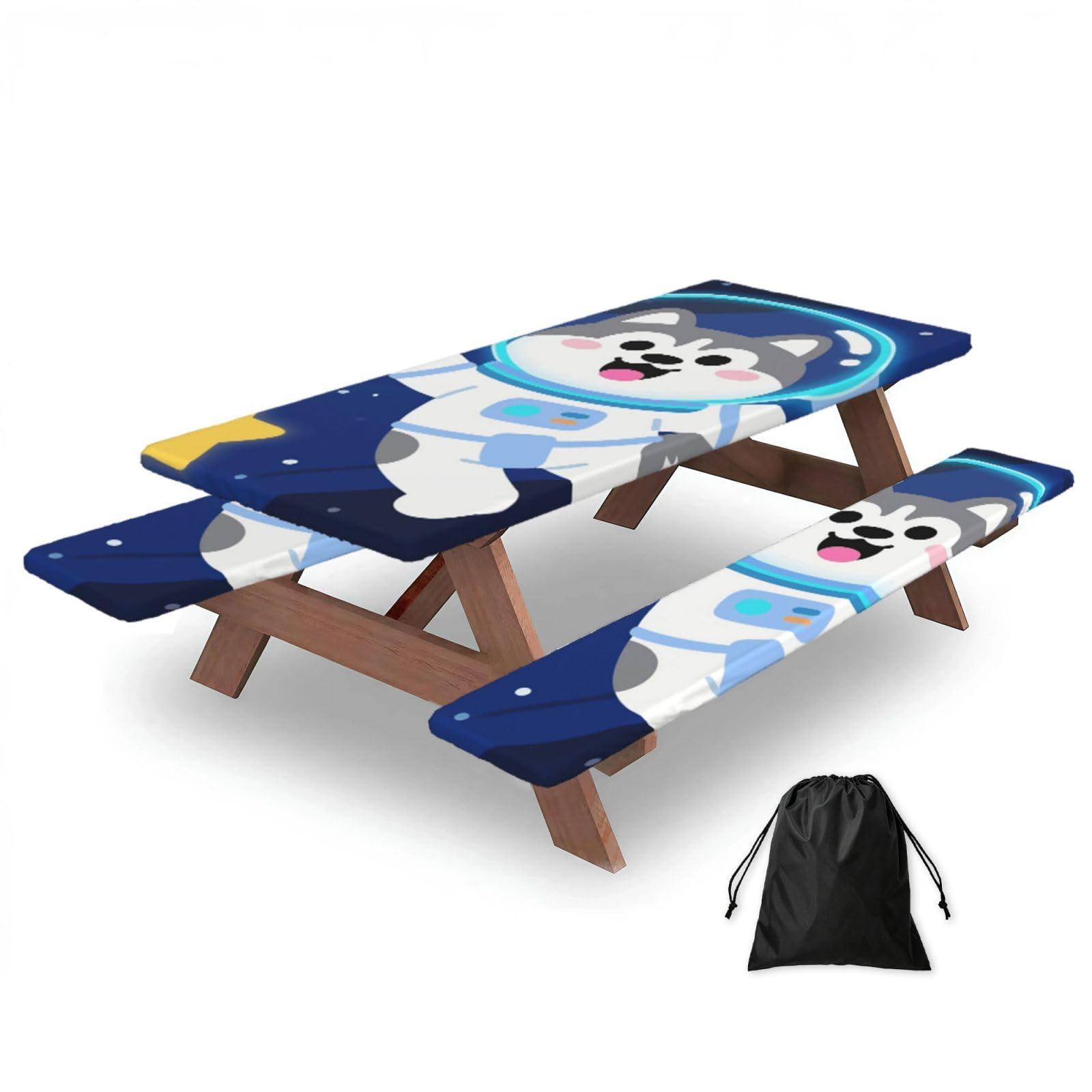 Cute Husky Astronauts On Space Picnic Table Cover With Bench Covers And Bag, Windproof Waterproof Rectangle Tablecloth With Elastic Edges Fitted Camping Table Covers Portable Camping Accessories