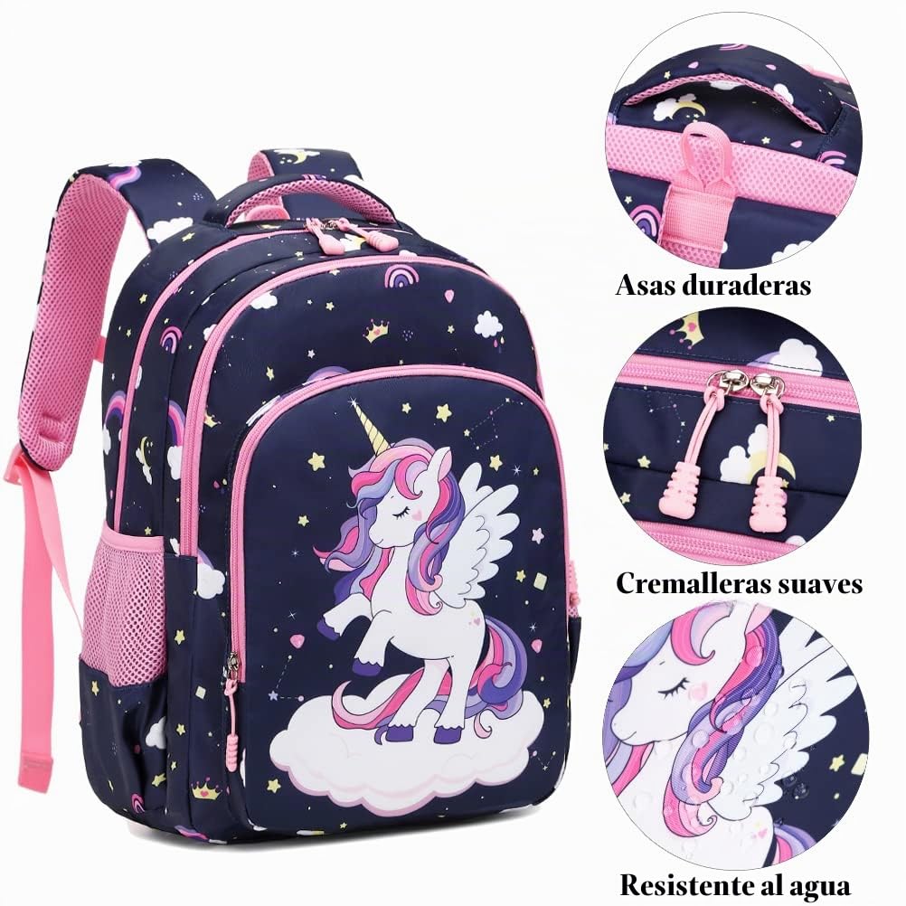 Kimwadalh Mochila Escolar para Niñas Mochila Unicornio Mochila Primaria Niña Set de Mochila Escolares,Mochila Infantil Niña + Bolsa de almuerzo + Estuche