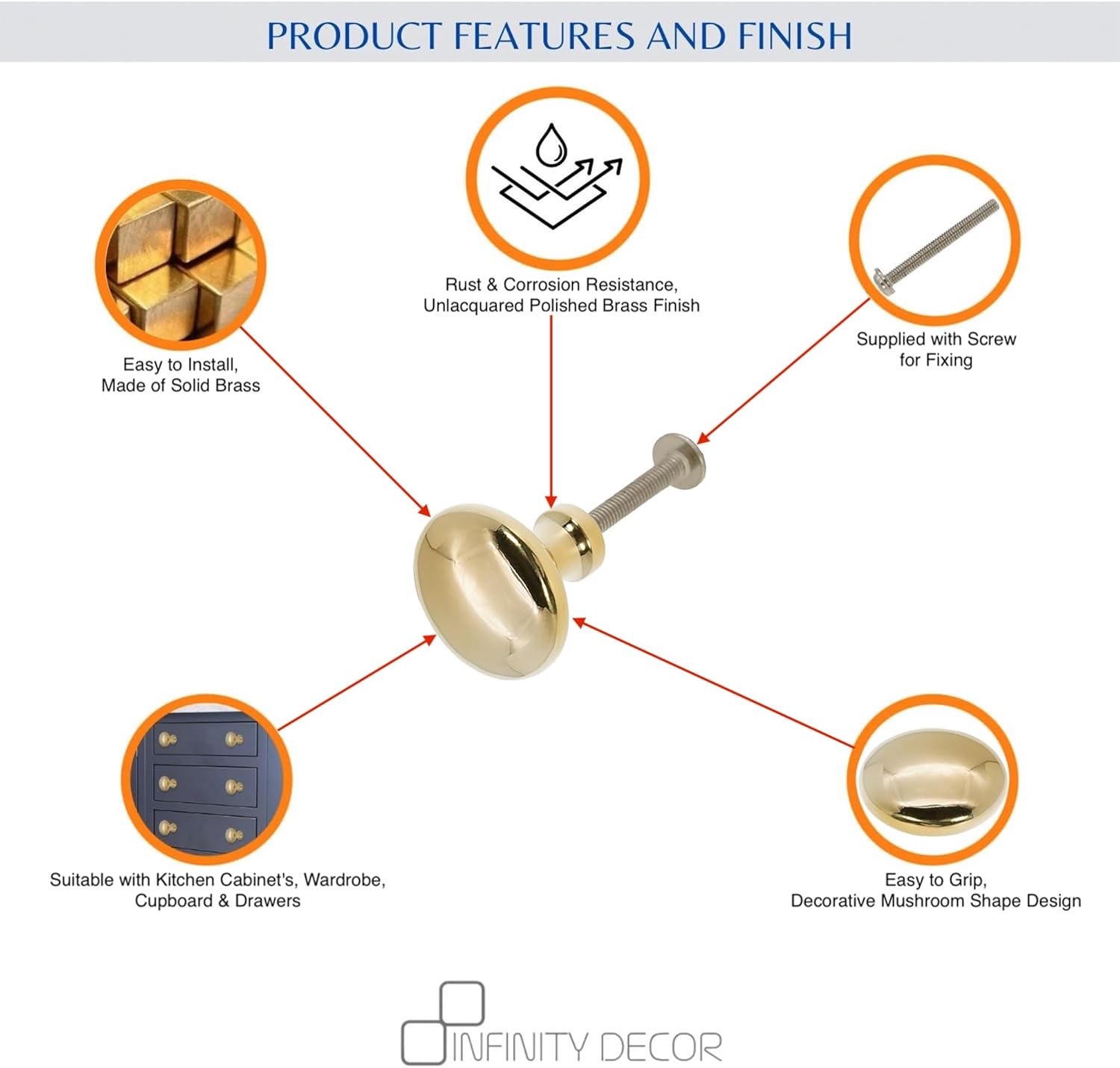 Infinity Decor Mushroom Shaped Solid Brass Round Cupboard Knob Polished Brass Pack of 4 Pull Handle 38mm – Ideal for Drawer Cabinets Doors