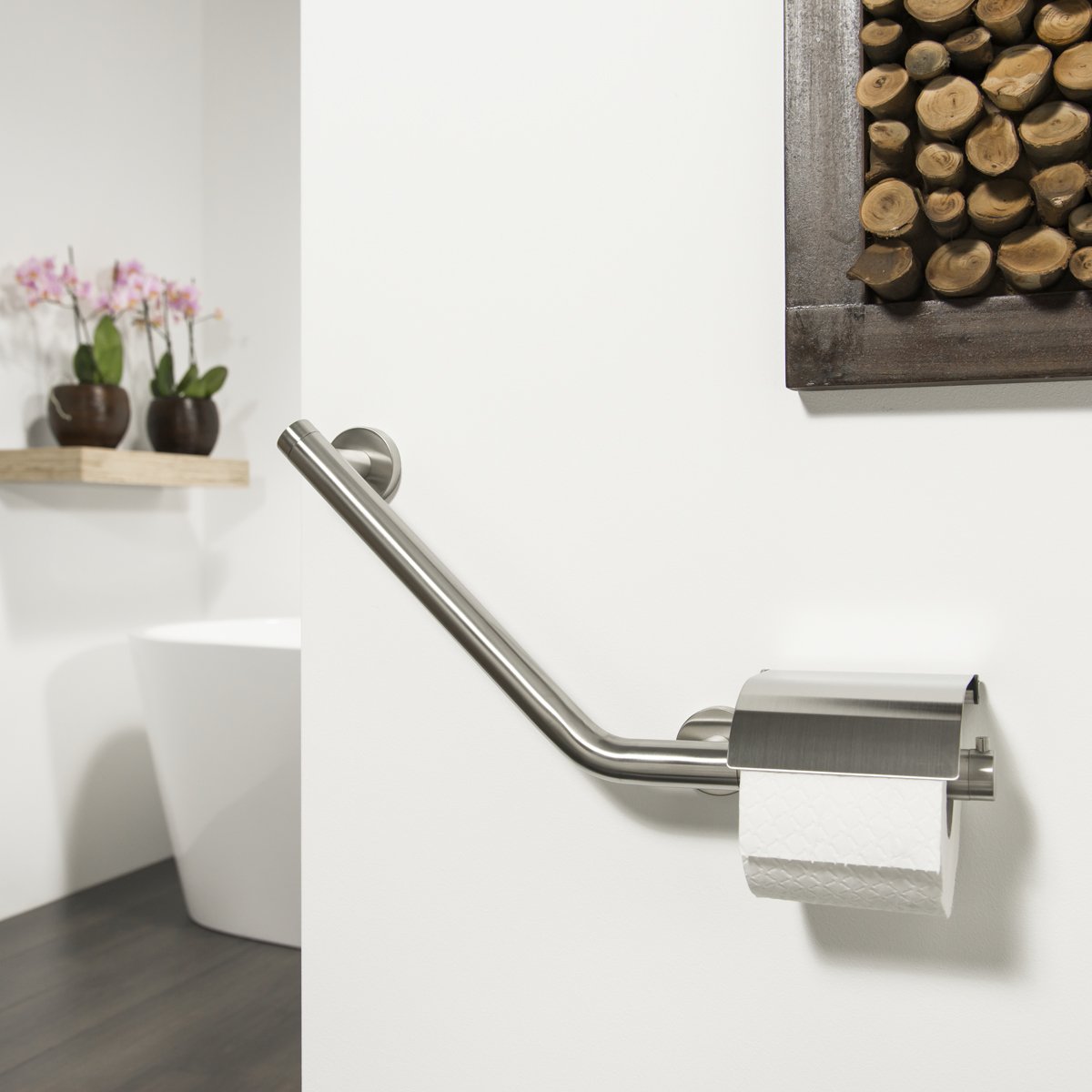 TIGER Boston Comfort & Safety Maniglione di Sicurezza con Portarotolo, Acciaio Inox Spazzolato, 40.4 x 24.1 x 8.0 cm