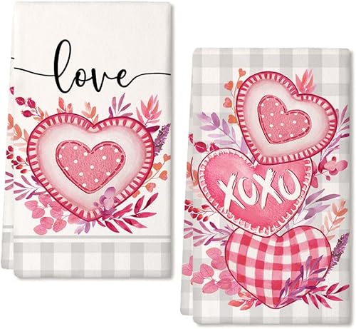 ARKENY AD163 - Juego de 2 paños de cocina para el día de San Valentín, diseño de búfalo gris, hojas de eucalipto rosa, diseño de corazón, 18 x 26