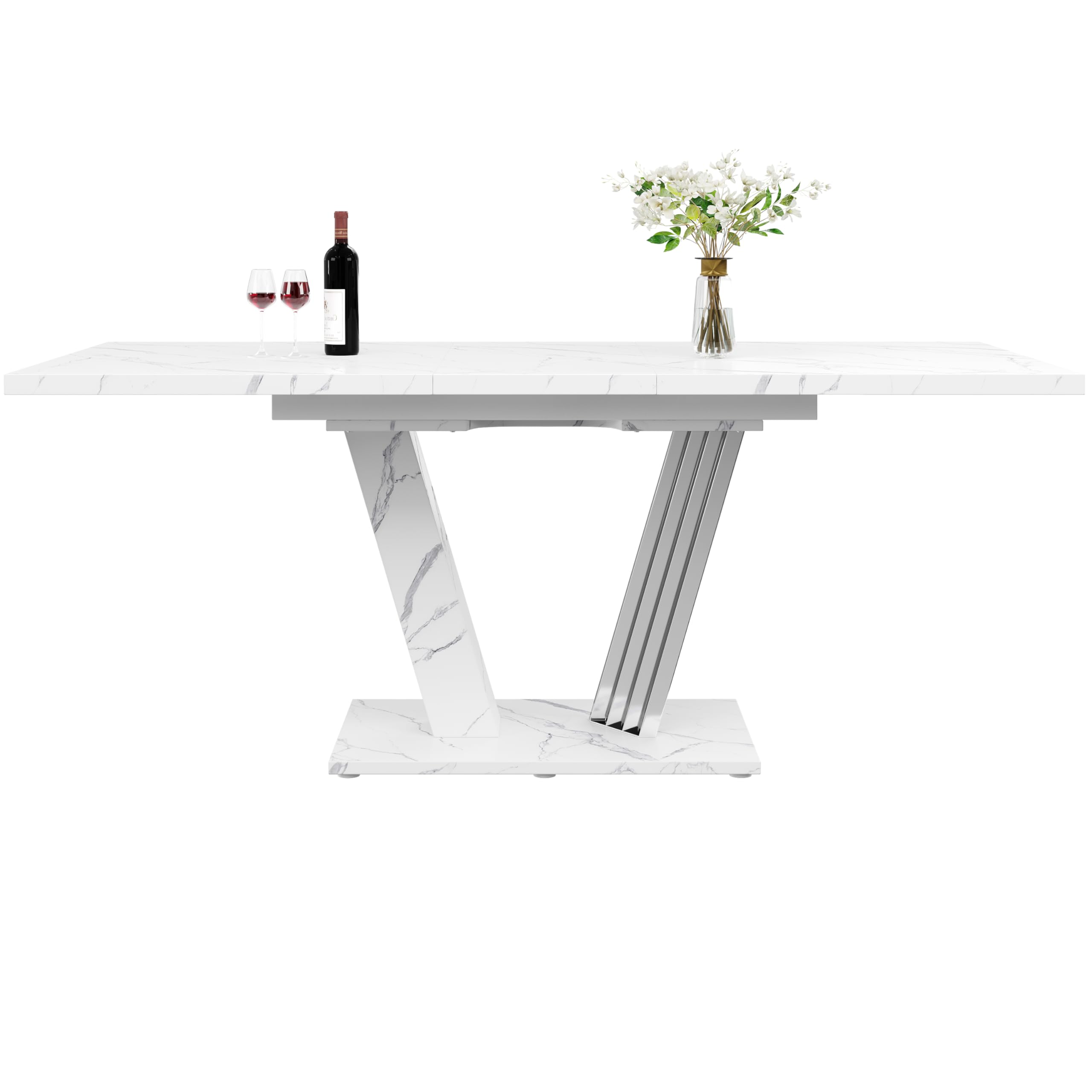 Tavolo allungabile con piano in marmo, bianco, 120 – 160 x 80 x 76 cm, tavolo da pranzo con foglia estraibile e struttura a farfalla per cucina e soggiorno