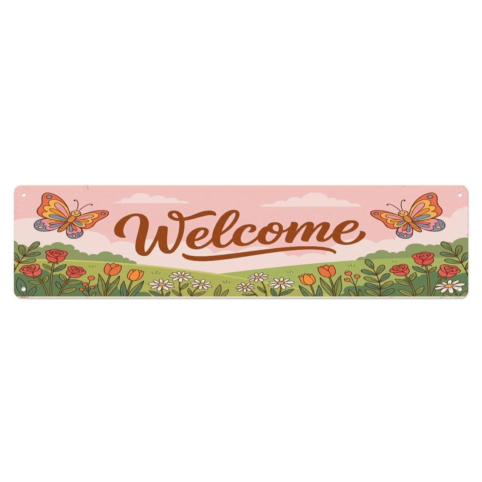 Cxhjca 4X16inch(10X40cm) Vintage Welcome Butterfly Garden Metal Tin Sign