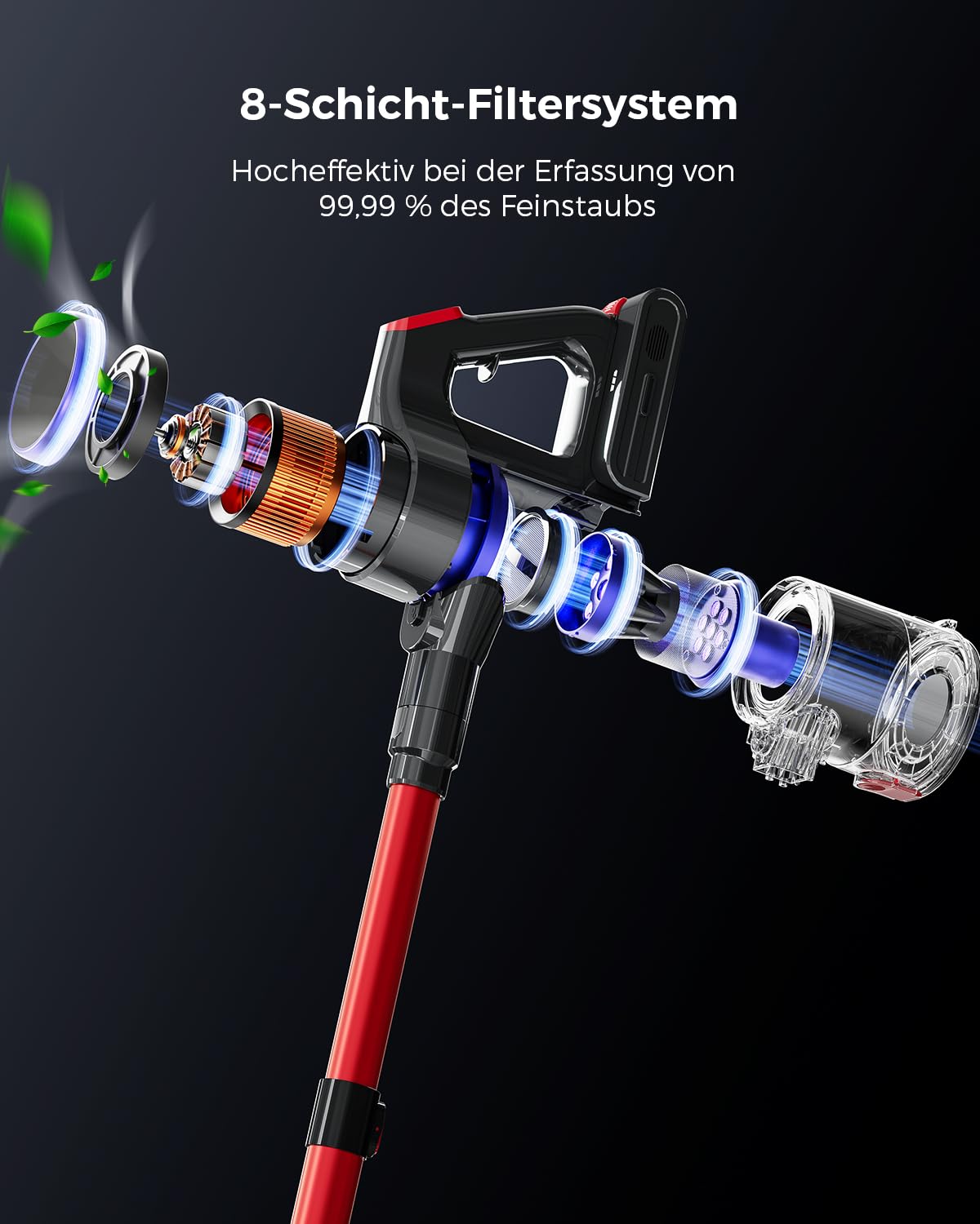 VACTechPro 55KPa/600W Akku Staubsauger, Staubsauger Kabellos mit 1,6-Liter-Staubbehälter, 8-Schicht-Filterung, Super Leise, Anti-Tangle Bodenbürste für Hartböden, Violett und Rot,70Min Laufzeit