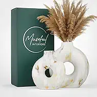 Modern Ceramic Donut Vase Set of 2 - Boho Design White and Gold Marble Pattern Vases for Flowers and Pampas - Elegant Home Decor Centerpieces for Coffee Tables - Entryways - Dining and Living Rooms