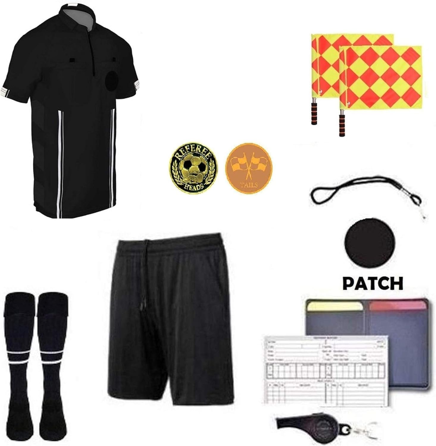 1 Stop Soccer Premium Referee 10 Piece Package kit Jersey Coin Short Socks Flags Set Whistle Referee Wallet and Cards
